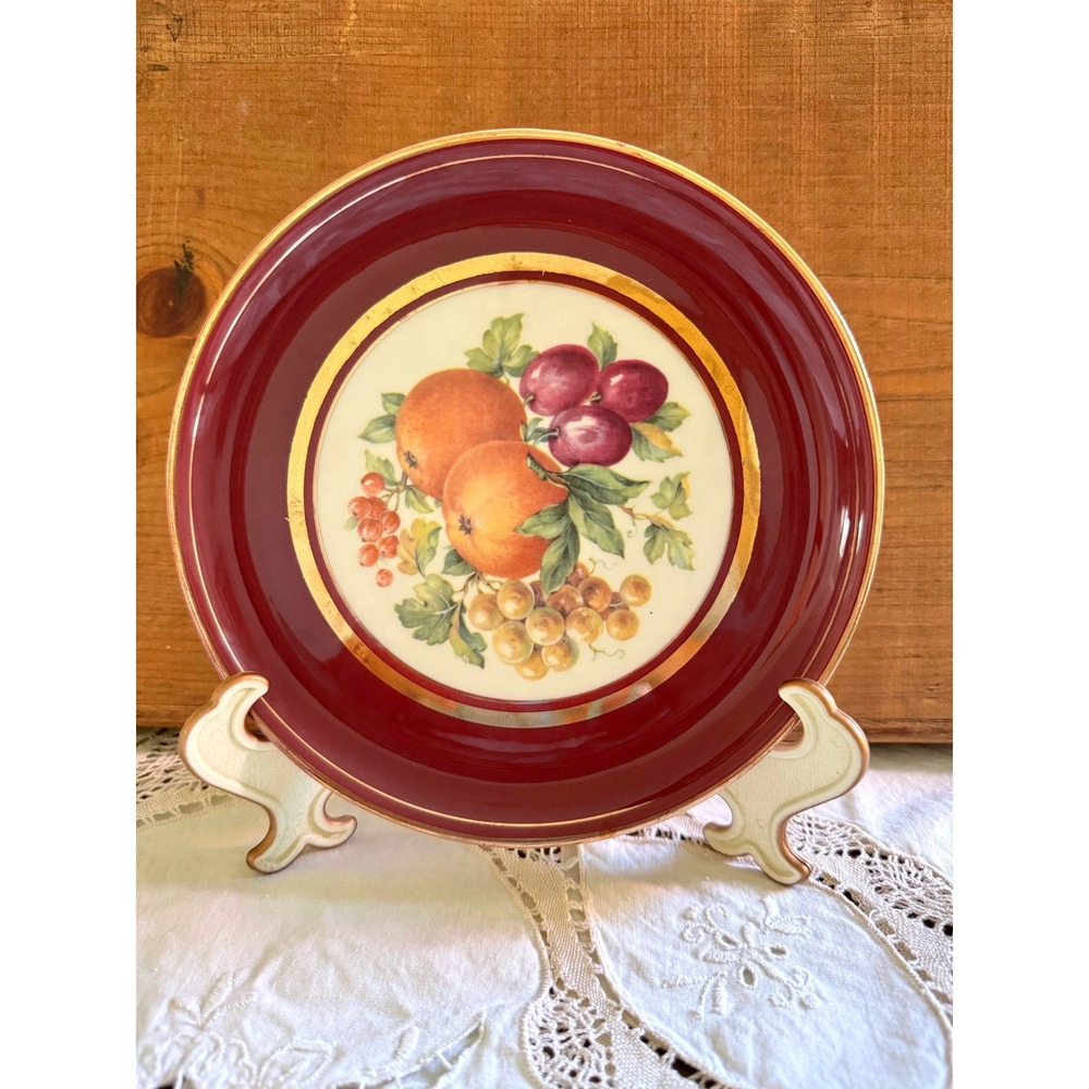 Hyalyn Porcelain Fruit Plate Vintage Burgundy Gold Trim Decorative 8.25 Inch